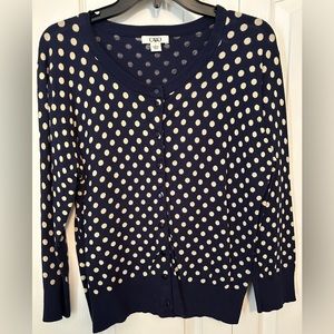 CATO: Blue/tan polka dots, waist length sweater, with 3/4 sleeves, size L